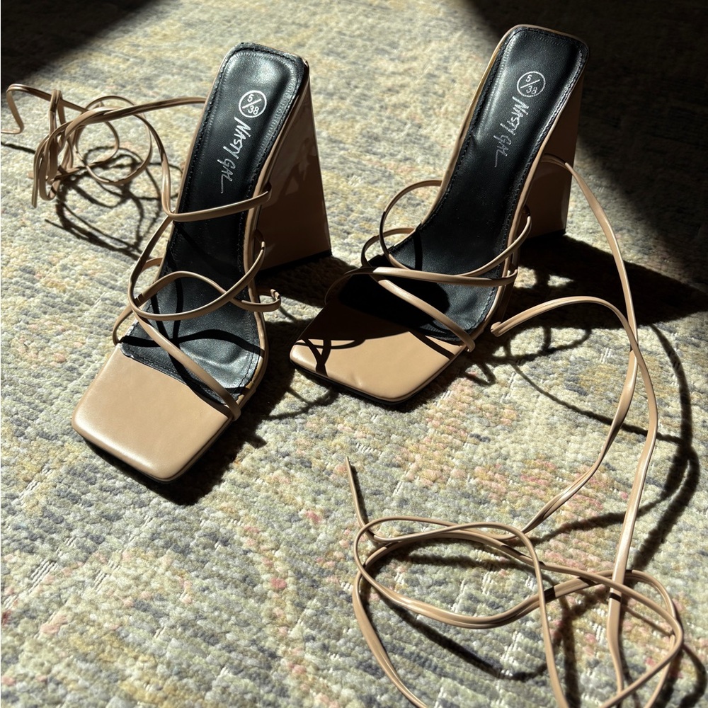 Strappy Square-Toe Lace-Up Heels